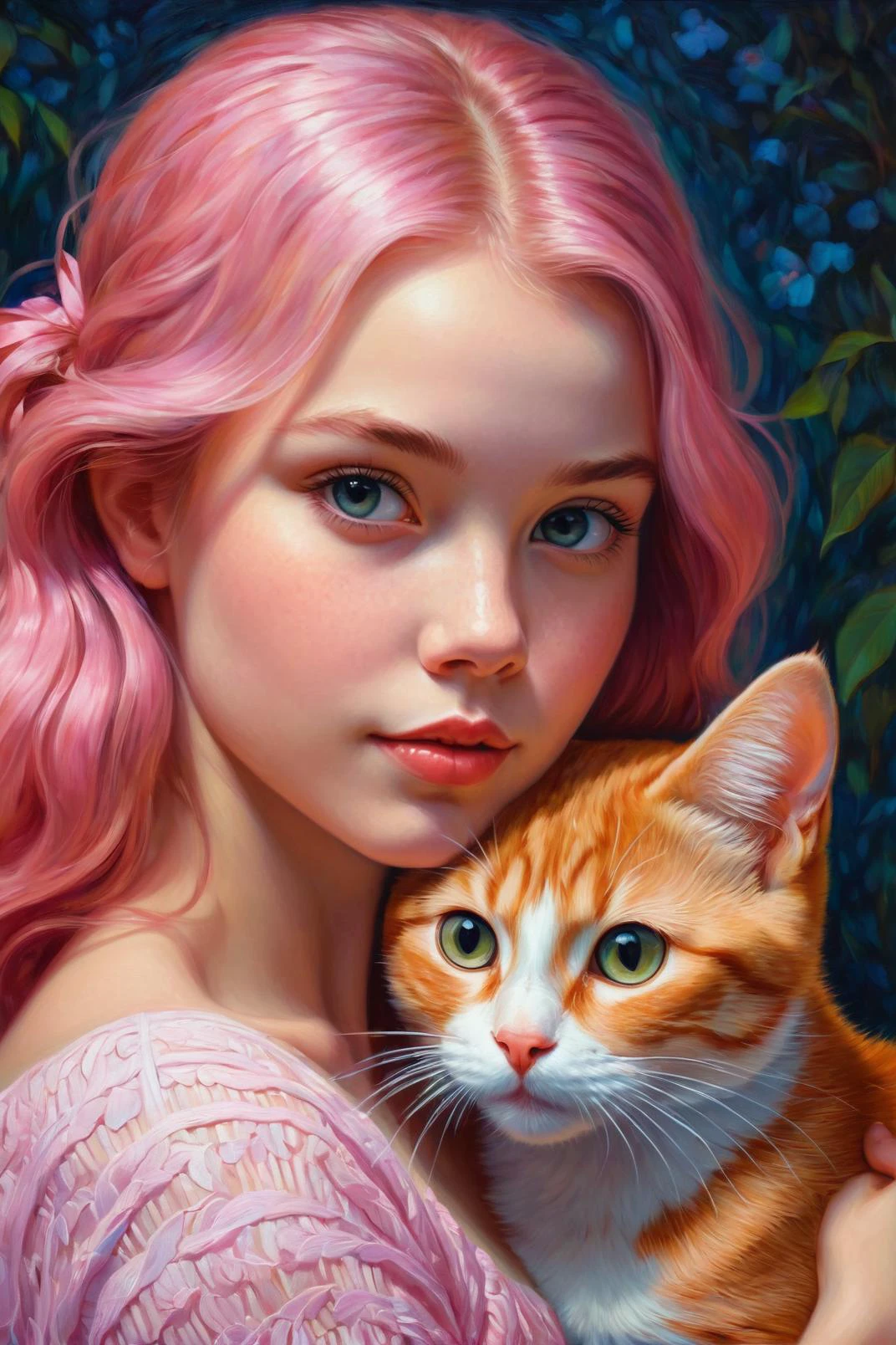 de Victor Nizovtsev et Becky Cloonan dans le style de Phuoc Hoai Nguyen et Mark Keathley et Jasmine Becket-Griffith, jolie femme de 18 ans et son animal de compagnie, pastel à l&#39;huile numérique sur toile d&#39;une photo cinématographique rose_aux cheveux