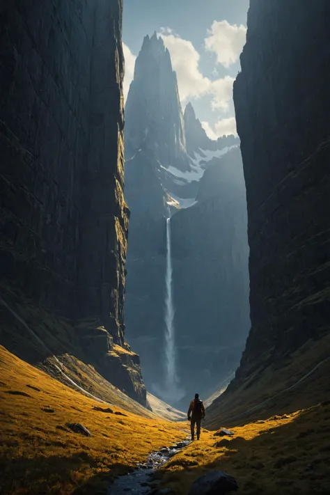 arafed man standing in a valley with a waterfall in the background