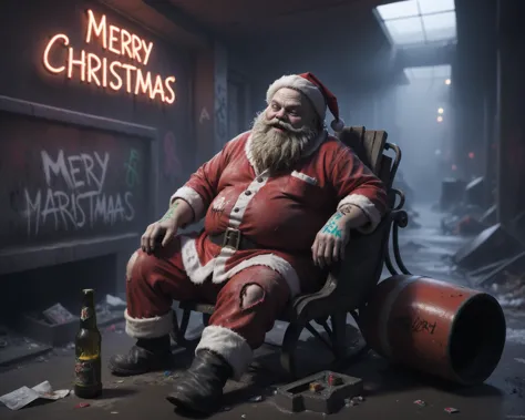 <lora:Harrlogos_v2.0:1> ('Merry Christmas' text logo:1.5),Overweight balding Santa Clause, dirty, ripped clothing, beer bottle, ...