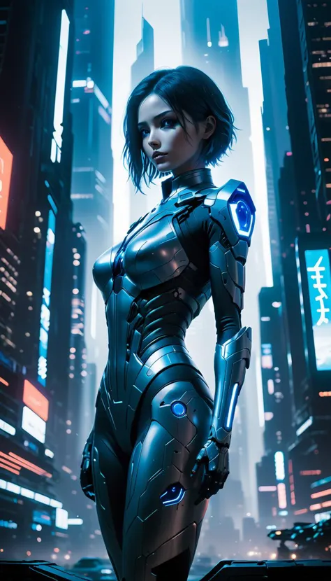 atemberaubende 3D-Anime-Szene bei Nacht, die Kultfigur Cortana aus Halo, steht stolz in ihrer eleganten Cyberpunk-Rüstung, blickt zu einem hoch aufragenden Hochhaus auf, das die neonbeleuchtete Skyline von Neo Tokio dominiert, dynamisches Kunstwerk von Yoshitaka Amano und Anato Finnstark, dynamisch posiert vor dem Hintergrund dieser futuristischen Metropole, ein Beweis für ihre Stärke und Schönheit, Diese filmische Szene, erfasst die gesamte Essenz der Cyberpunk-Kultur, schwach beleuchtetes Gesicht, 