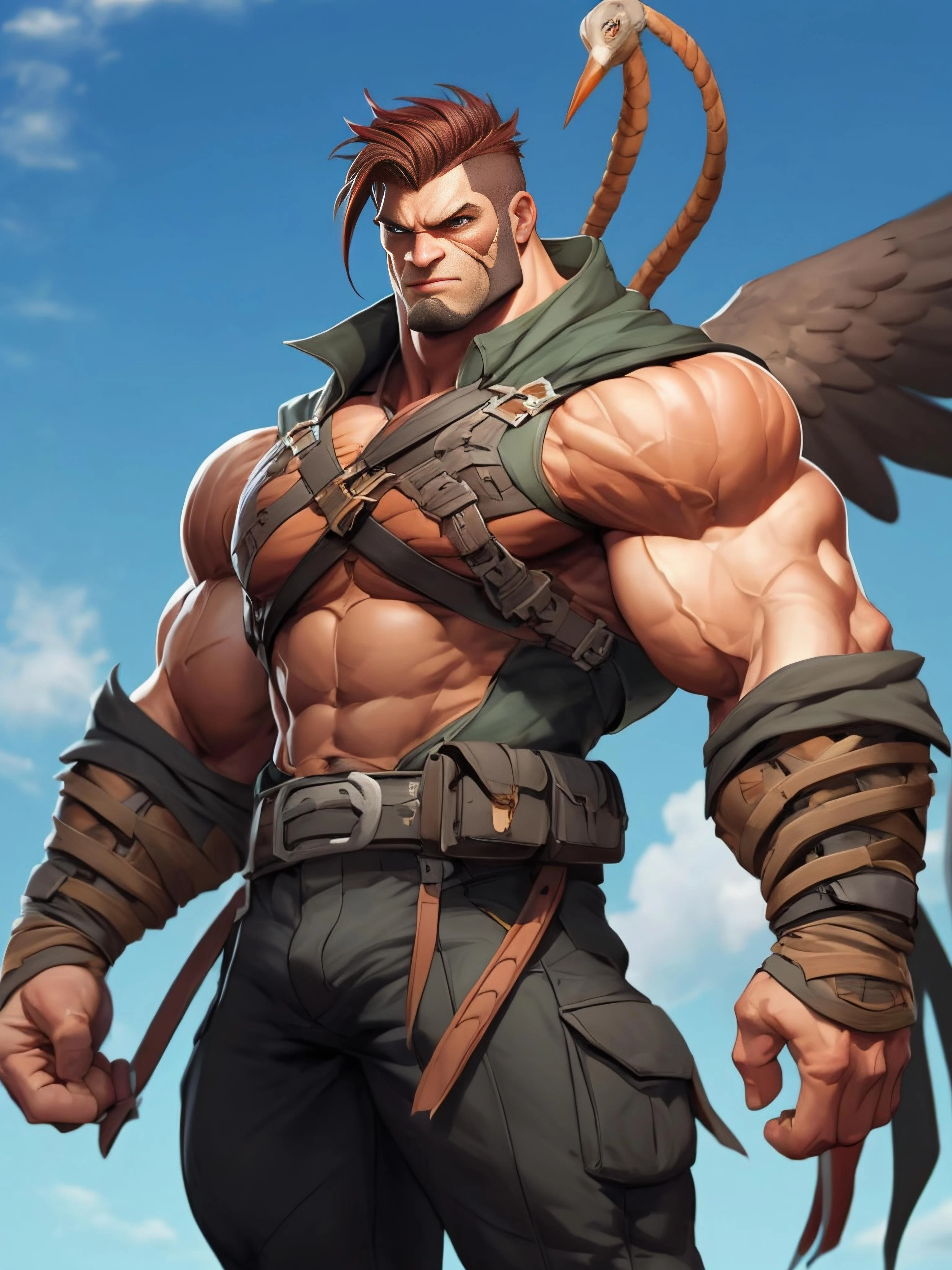 male, from the front, muscle pose, style Kaptaincoca, muscled male,  Archer hawk