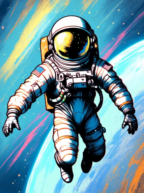 an astronaut floating in space with a colorful background