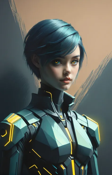 a woman in a futuristic suit with blue hair and a yellow light