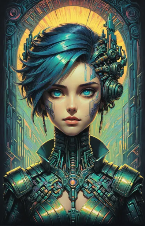 a woman with blue hair and a futuristic look in a dark background