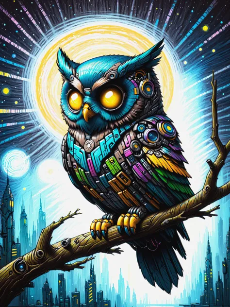 a painting of an owl sitting on a branch in front of a city