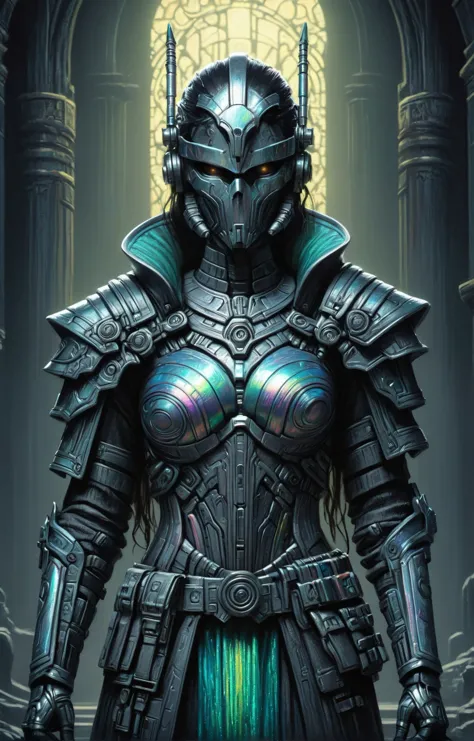 a woman in armor standing in a dark room