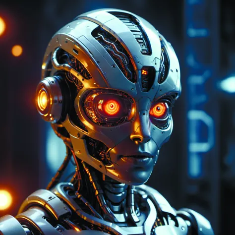 a close up of a robot with glowing eyes and headphones