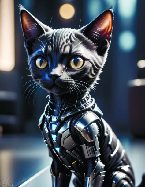 a cute kitten made out of metal, (cyborg:1.1), ([tail | detailed wire]:1.3), (intricate details, hyperdetailed:1.2), cinematic s...