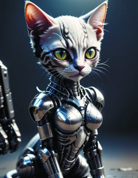 a cute kitten made out of metal, (cyborg:1.1), ([tail | detailed wire]:1.3), (intricate details, hyperdetailed:1.2), cinematic s...
