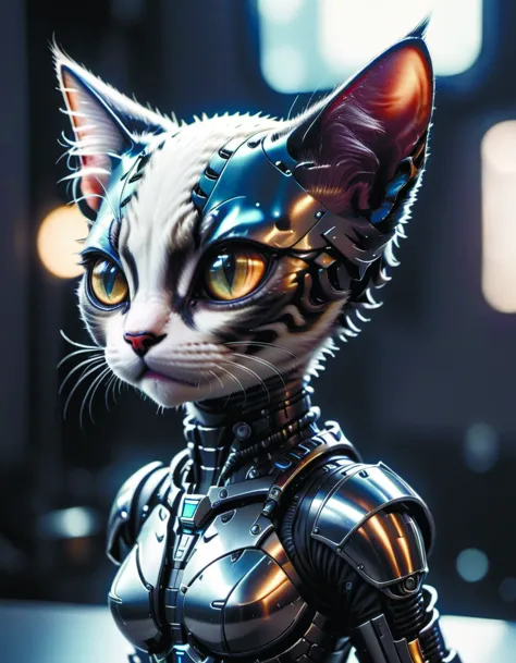 a cute kitten made out of metal, (cyborg:1.1), ([tail | detailed wire]:1.3), (intricate details, hyperdetailed:1.2), cinematic s...