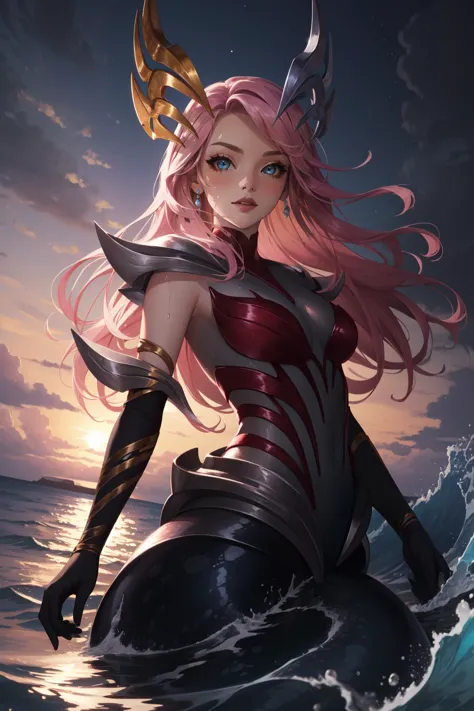 (masterpiece, best quality),  intricate details,
1girl,  <lora:lol_coven_namiV2-000010:0.8> coven nami, 1girl, mermaid, monster girl, tentacles, colored skin, hair ornament, gloves, pink hair, long hair, 
night, ocean, water, waves, wet,