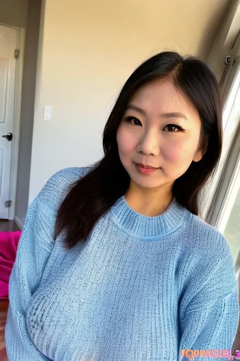 a close up of a woman in a blue sweater posing for a picture