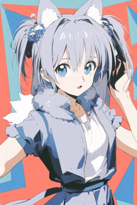 anime girl with cat ears and a blue dress holding a cell phone