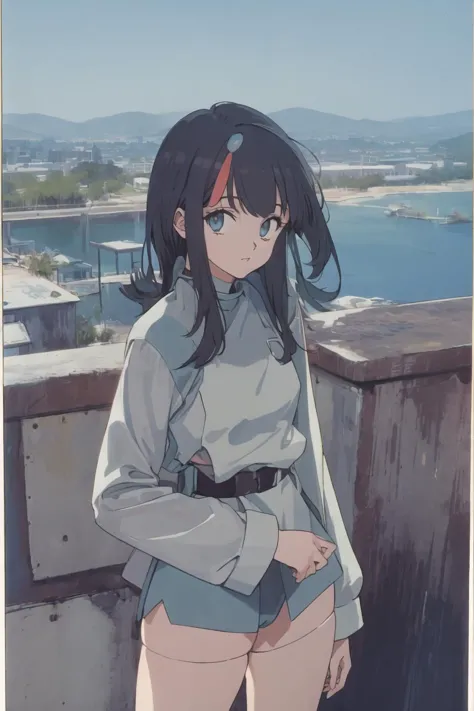 anime girl with long black hair standing on a ledge