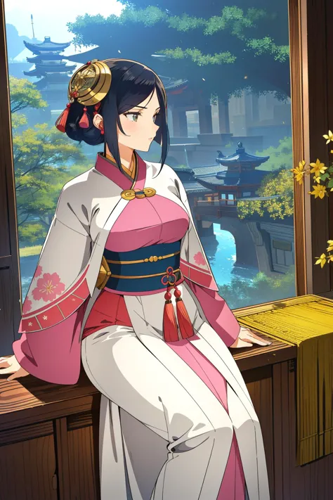 a woman in a kimono sitting on a window sill