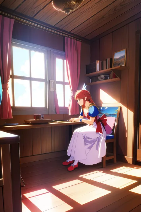 anime girl sitting in a room with a desk and a window