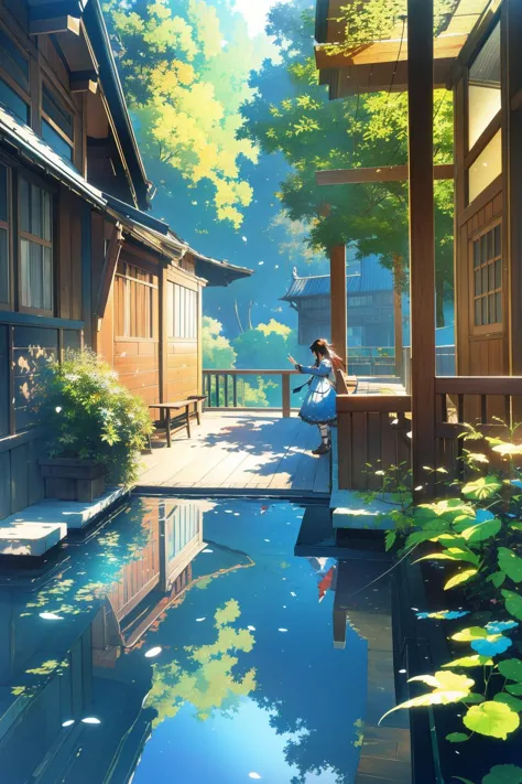 anime scenery of a woman sitting on a wooden deck next to a pond