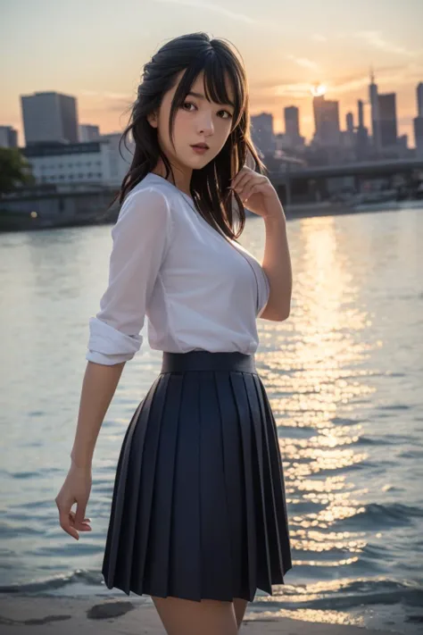 1girl,solo,happy, parted lips,
 4::  standing, 
looking at viewer,sunset,skyline,serafuku,(pleated skirt),unparalleled masterpie...