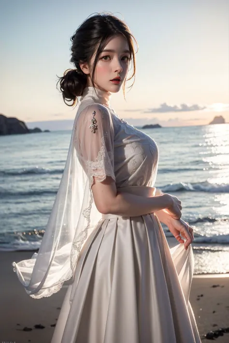 a woman in a white dress standing on a beach near the ocean