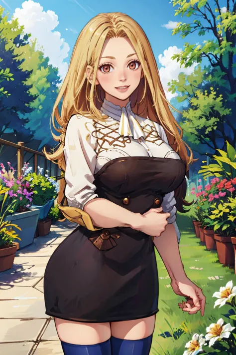 masterpiece, best quality,  <lora:FinalFantasy_FemaleArcher:0.9> ArcherFFT, long hair, (low-tied long hair), brown eyes, blonde hair,  <lora:gmuniform2-nvwls-v1:1.2> gmuniform, blue thighhighs, garden, large breasts, grin, cowboy shot, looking at viewer