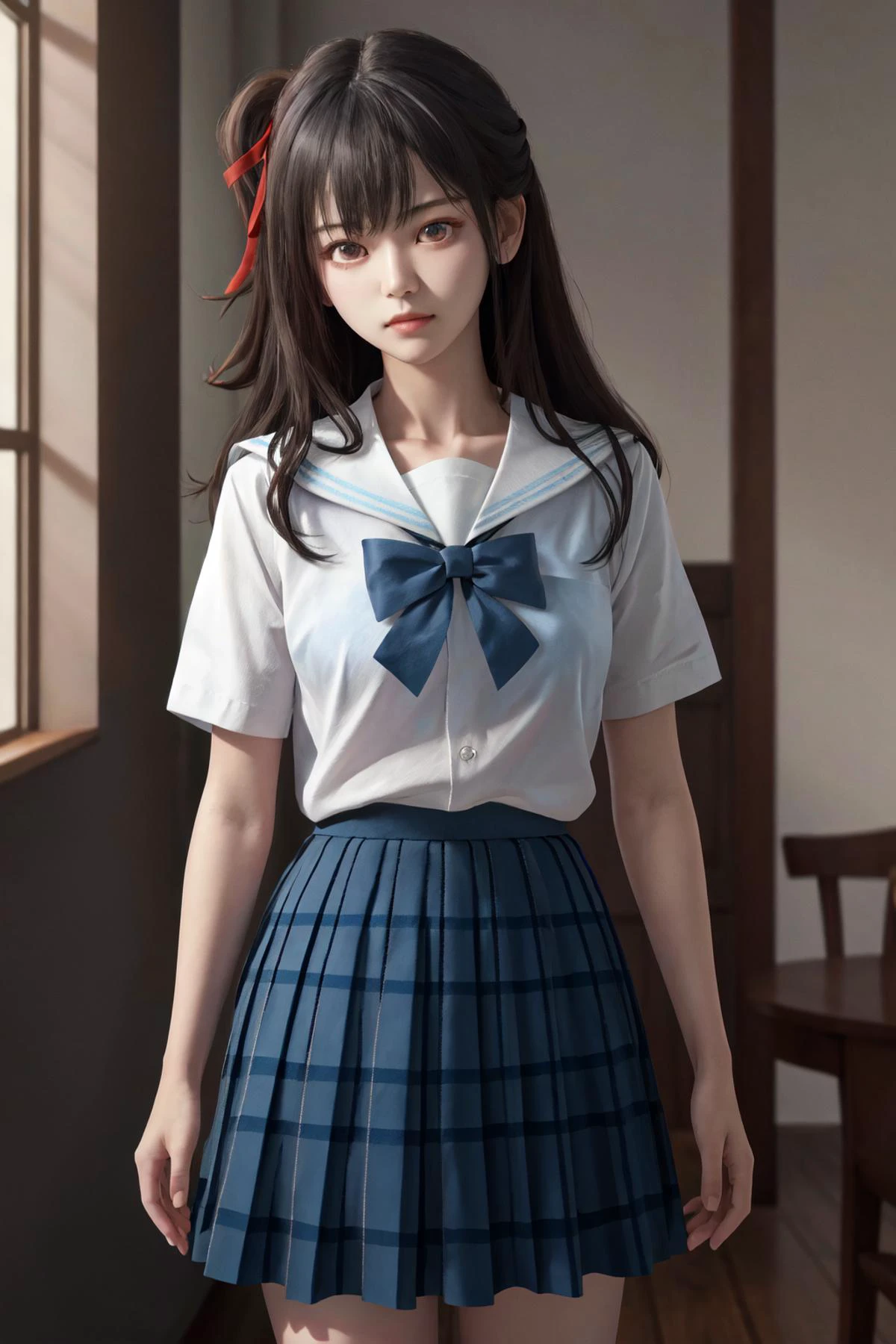 傑作, 最好的品質, 高解析度, 1女孩红丝带发带, Serafuku 白襯衫 藍色蝴蝶結 藍色裙子 格子裙 逼真