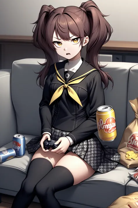 anime girl sitting on a couch with a soda and a bag of chips