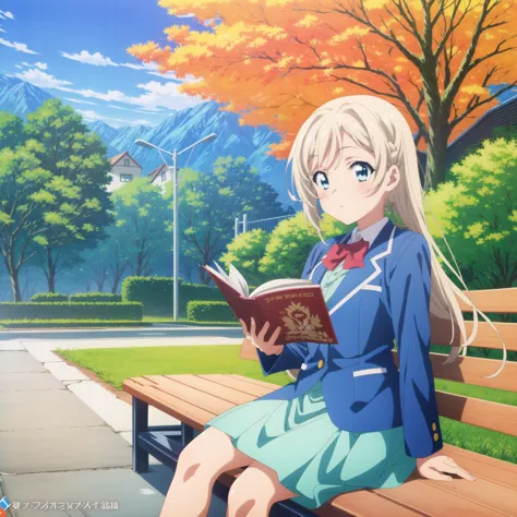 anime,anime screencap,
(masterpiece, top quality, best quality, official art, beautiful and aesthetic:1.2), 1 Girl, autumn, high school, blazer uniform, rooftop, fence, sitting on a bench, reading, detailed background