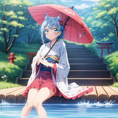 anime girl sitting on a dock with an umbrella in the water