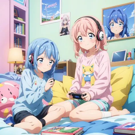 anime characters sitting on a bed with a remote control