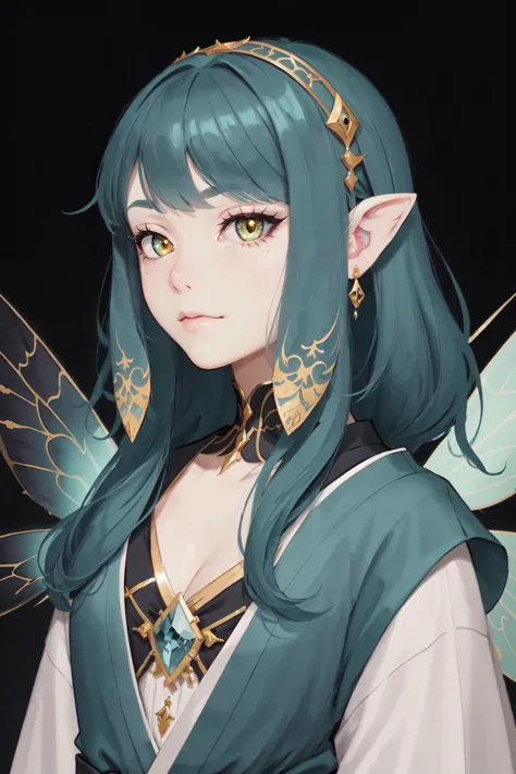 a close up of a woman with blue hair and a green fairy costume