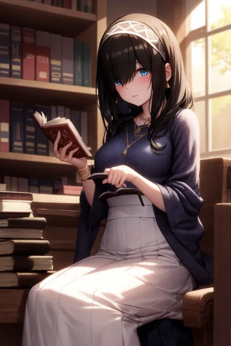 <lora:sagisawa fumika:1>sagisawa fumika, mekakure,
black_hair, blue_eyes, closed mouth, (large breasts:0.5), whte hairband, long_hair, necklace, (long skirt:1.2), holding_book, jewelry,  open_book, parted_lips, shawl, solo, sweater, sitting, library,