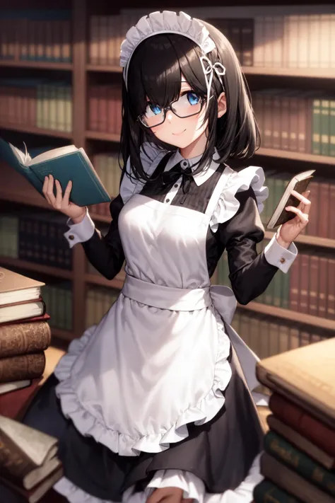 <lora:sagisawa fumika:1>sagisawa fumika, mekakure,
black_hair, blue_eyes, (large breasts:0.5), 1girl, apron, , book, book_stack,...