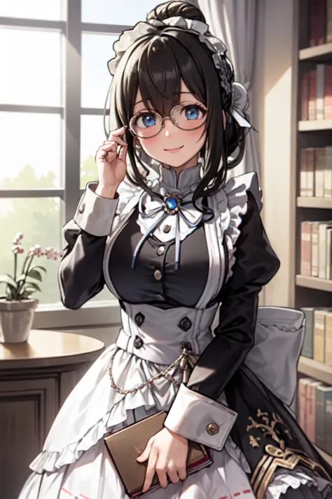 <lora:sagisawa fumika v2fix:1> sagisawa fumika, 1girl, glasses, maid, solo, bookshelf, blue eyes, black hair, alternate costume,...