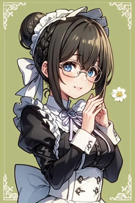 <lora:sagisawa fumika v2fix:1> sagisawa fumika, glasses, solo, maid, enmaided, alternate costume, round eyewear, blue eyes, blac...