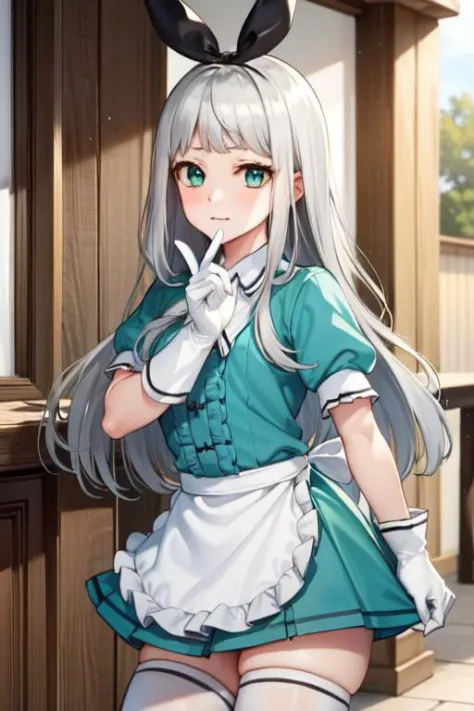 <lora:hideri_kanzaki-05:1>, 1boy, hideri_kanzaki, looking at viewer, standing, green eyes, apron, bow, gloves, long hair, bangs, otoko_no_ko, silver hair, stile uniform, thighhighs, waist_apron, waitress, white_gloves, white_legwear, (outdoors),