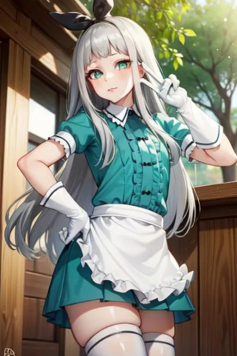 <lora:hideri_kanzaki-05:1>, 1boy, hideri_kanzaki, looking at viewer, standing, green eyes, apron, bow, gloves, long hair, bangs, otoko_no_ko, silver hair, stile uniform, thighhighs, waist_apron, waitress, white_gloves, white_legwear, (outdoors),