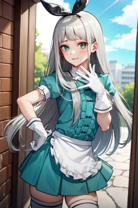 <lora:hideri_kanzaki-05:1>, 1boy, hideri_kanzaki, looking at viewer, standing, green eyes, apron, bow, gloves, long hair, bangs, otoko_no_ko, silver hair, stile uniform, thighhighs, waist_apron, waitress, white_gloves, white_legwear, (outdoors),