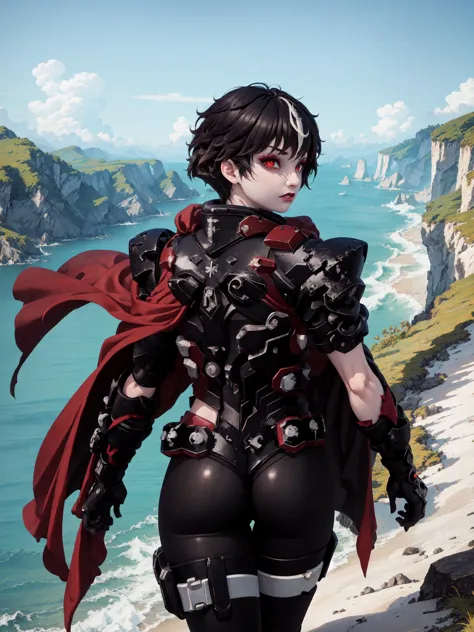 (masterpiece, best quality), outdoors, cliffside, ocean, cowboy shot, from behind, looking to the side, blybt, power armor, scar across eye, red cape, 1girl, solo, makeup, red eyes, black hair, large breasts, <lyco:BlytheSubverse_V1-Manityro:1.0>,