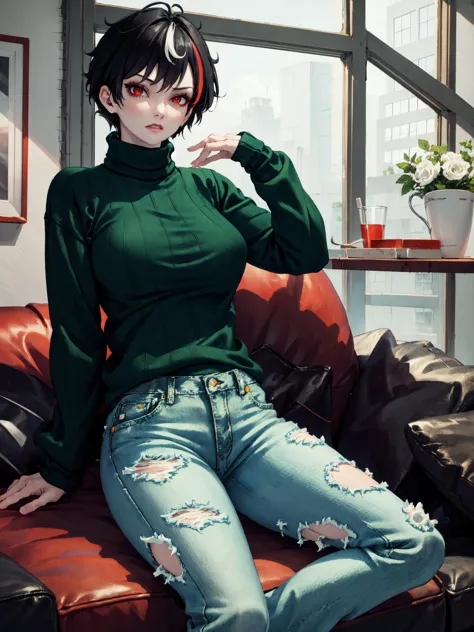 anime girl sitting on a couch with a green turtle neck top