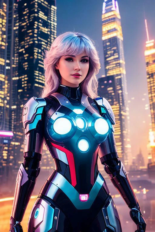 Beautiful Robotic woman Lyra in a futuristic city, facing camera, masterpiece, best quality, absurdres, highres, 4k, ray tracing, intricate details, highly detailed, photorealistic portrait, clear image, sharp details, RAW photo, subject, 8k uhd, dslr, soft lighting, high quality