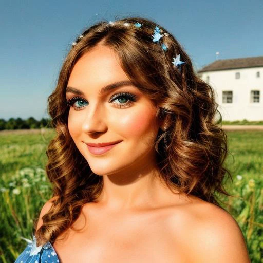 masterpiece, best quality, 1girl, solo, (picture-perfect face), (perfect face), Sexy women with smooth, porcelain skin and long toasted almond hair.), (curls_hairstyle:1.2), (She is wearing a st4rdr3ss, long blue dress, bare shoulders, starry sky print.) She has light green eyes and has a rewarding smile. She is wearing strappy heels. She is standing in a meadow posing for the camera. (full body), Nikon 28mm