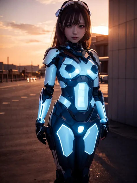 a close up of a woman in a futuristic suit standing in a parking lot