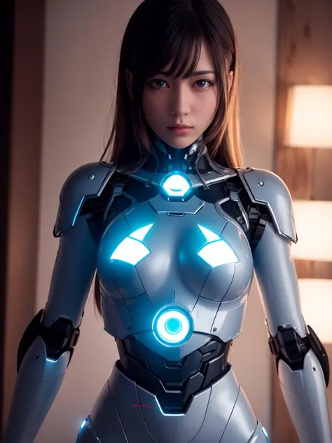 a woman in a futuristic suit with glowing eyes and a glowing chest