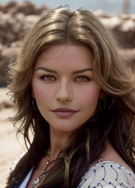 a close up of a woman with long hair and a white shirt