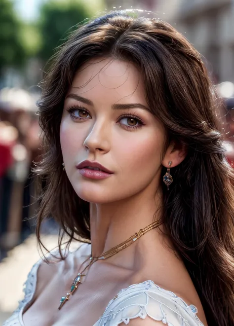 a close up of a woman with long hair and a necklace