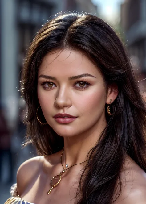 a close up of a woman with long hair and a necklace