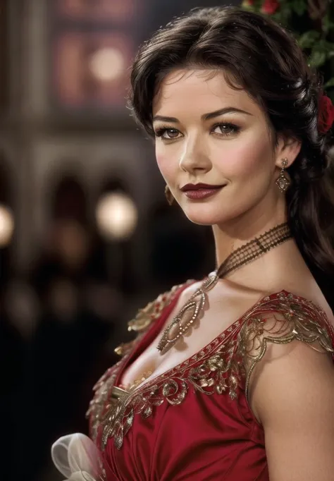 a close up of a woman in a red dress with a flower in her hair