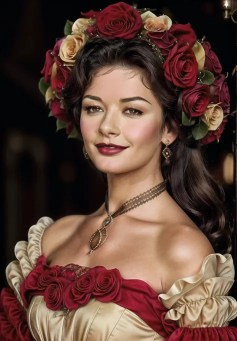 a close up of a woman wearing a dress and a flower crown