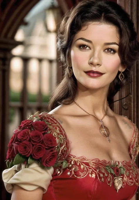 a close up of a woman in a red dress with a bouquet of flowers