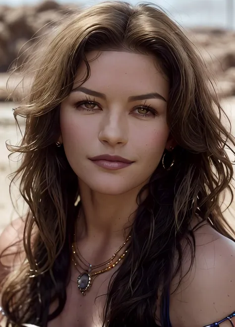 a close up of a woman with long hair and a necklace